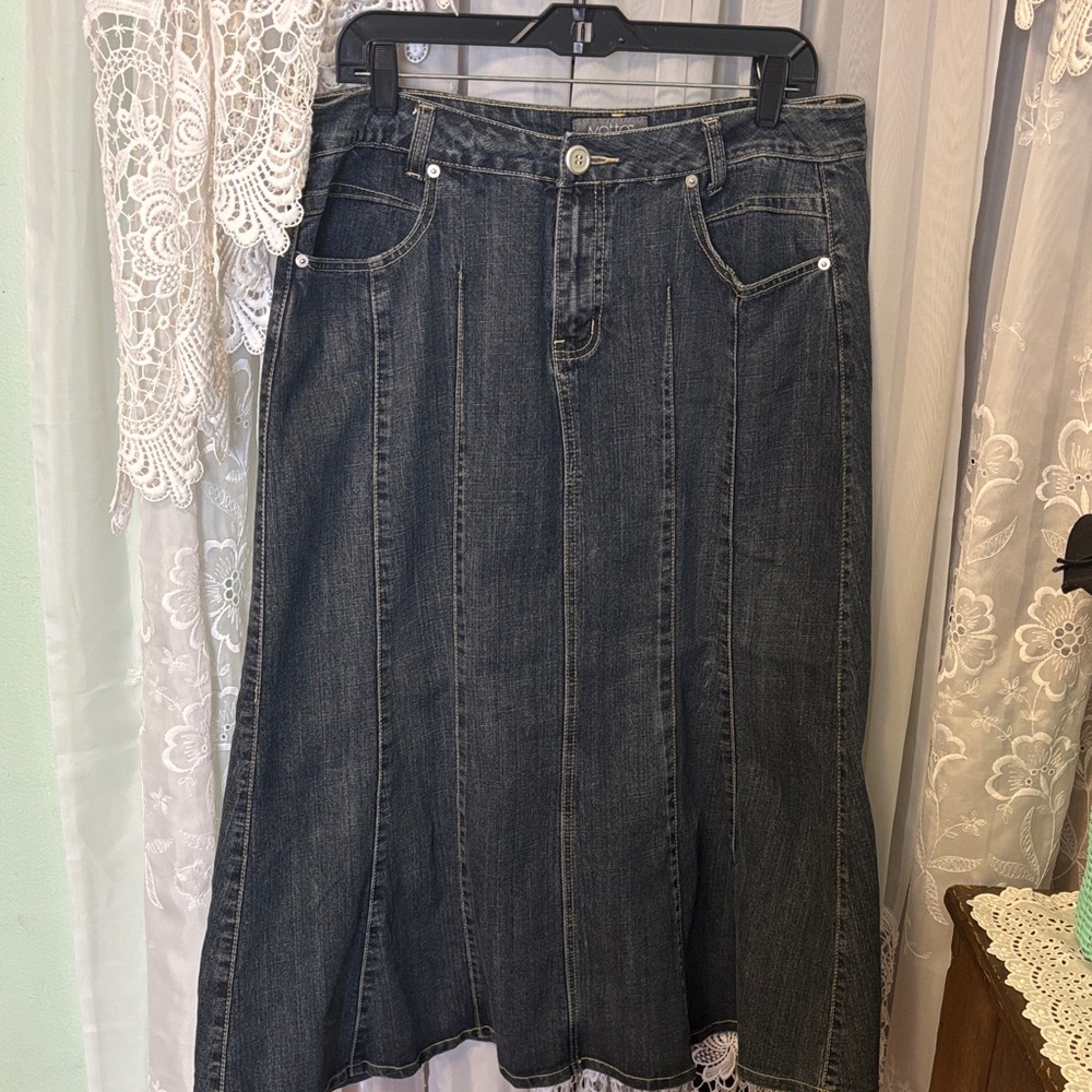 MOTTO Black Wash Factory Faded Denim Flared Gored Maxi Mermaid Skirt Sz 16